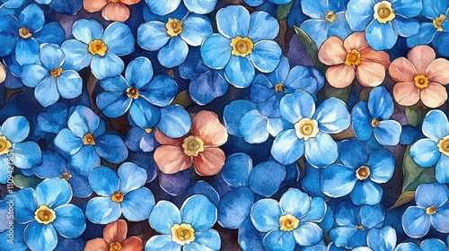 Fototapeta Naklejka Na Ścianę i Meble -  Seamless pattern of hand drawn forget me not flowers in vibrant watercolor ideal for textiles and stationery design