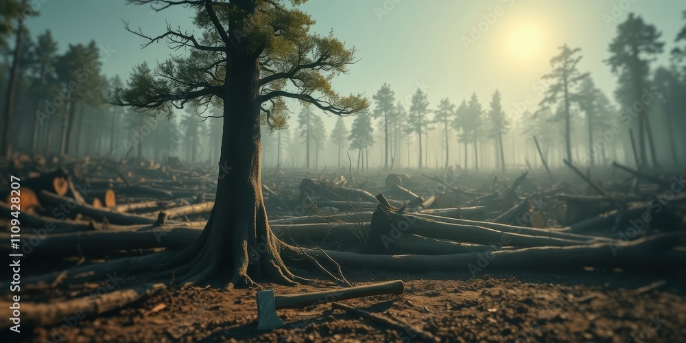 Obraz premium A lone tree stands tall amidst a clearing of felled trees, an axe lying forgotten on the forest floor, a somber reminder of the forest's lost glory.