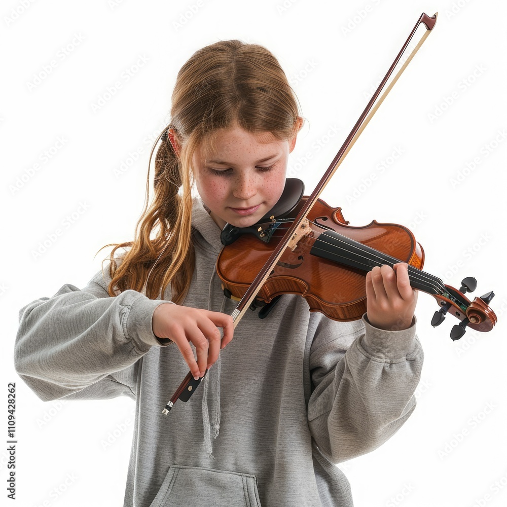 Preteen girl playing violin on white background Preteen girl playing violin on white background