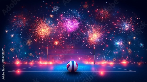 Volleyball court at night with fireworks.
