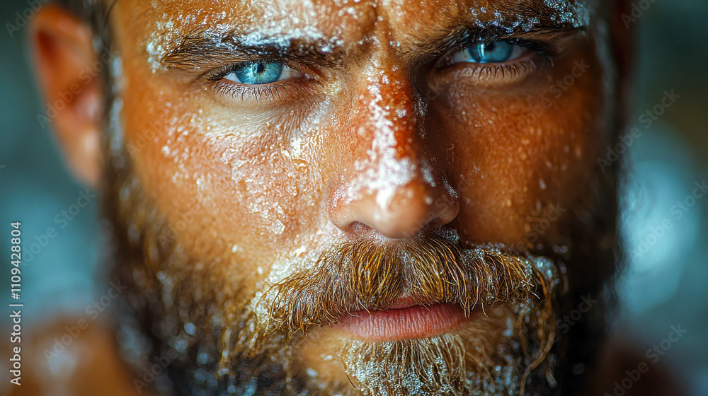 A portrait of a man with piercing blue eyes, his face covered in droplets and a dusting of powder, exuding intensity and determination A portrait of a man with piercing blue eyes, his face covered in droplets and a dusting of powder, exuding intensity and determination