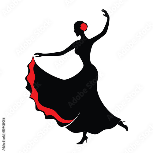 a silhouette of a woman dancing. She is wearing a long black dress with a red skirt