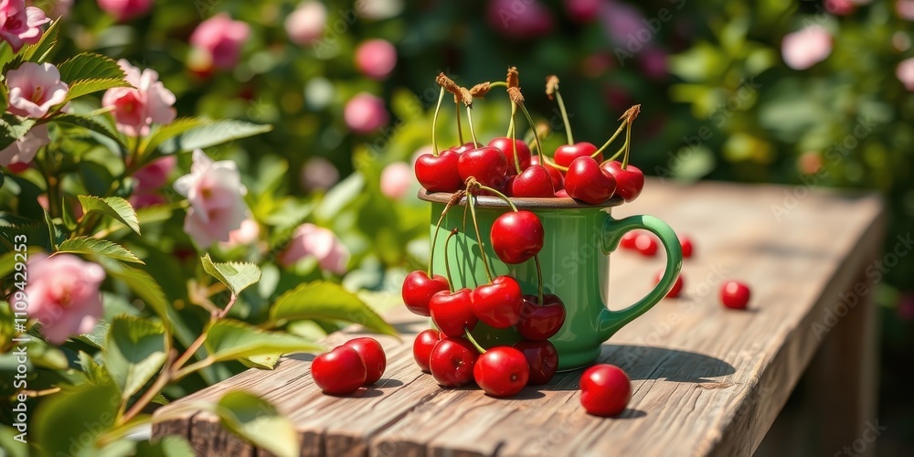 custom made wallpaper toronto digitalFreshly picked cherries overflowing from a green mug, resting on a rustic wooden surface, surrounded by delicate pink blossoms and vibrant foliage.