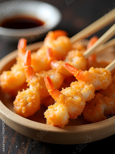 A close-up of crispy tempura shrimp skewers on a bamboo plate with a small bowl of soy dipping sauce and chopsticks beside it. Generative AI artwork. photo