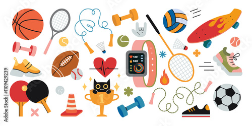 Sports equipment big set. Cardio, running and strength training. Jump rope, sneakers, fitness tracker, dumbbell, balls, rackets and skateboard. Trendy modern isolated vector illustration, flat