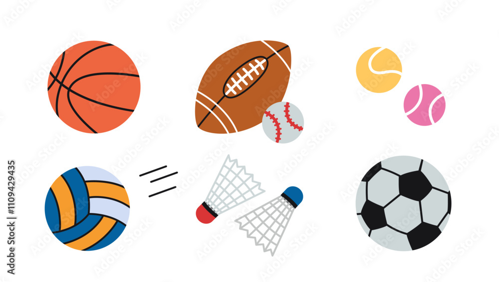 Set of balls for basketball, American football, baseball, tennis, volleyball, soccer and shuttlecock for badminton. Sports games and competitions. Trendy modern isolated vector illustration, flat Set of balls for basketball, American football, baseball, tennis, volleyball, soccer and shuttlecock for badminton. Sports games and competitions. Trendy modern isolated vector illustration, flat