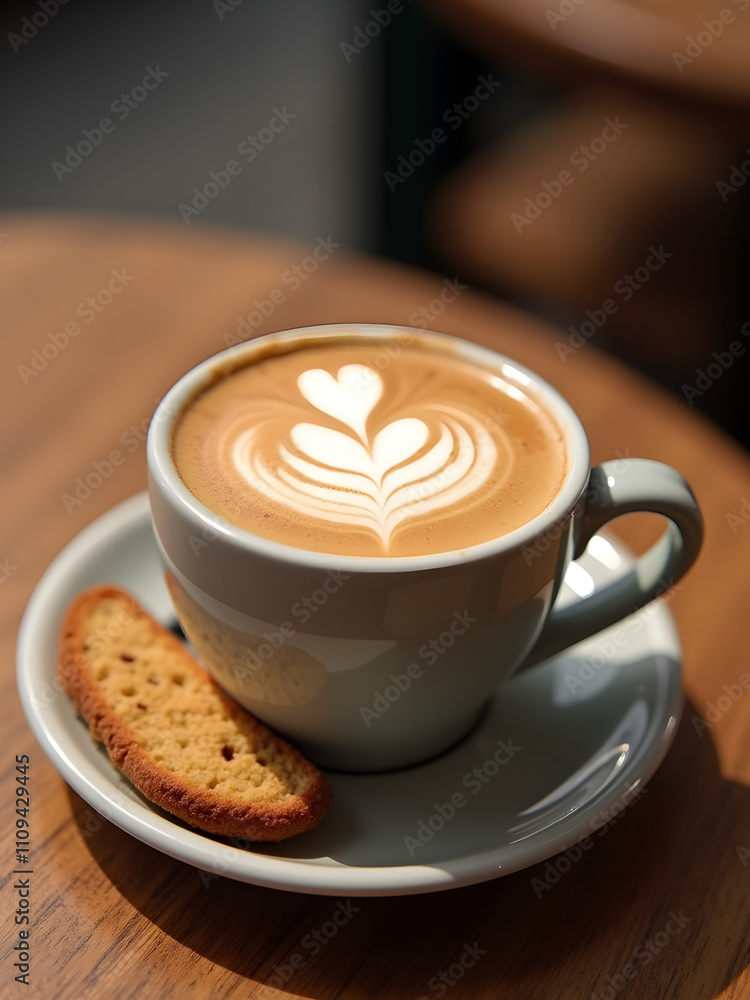 A traditional cappuccino with latte art in a ceramic mug, served with biscotti on the side, placed on a rustic wooden café table. Generative AI artwork. A traditional cappuccino with latte art in a ceramic mug, served with biscotti on the side, placed on a rustic wooden café table. Generative AI artwork.