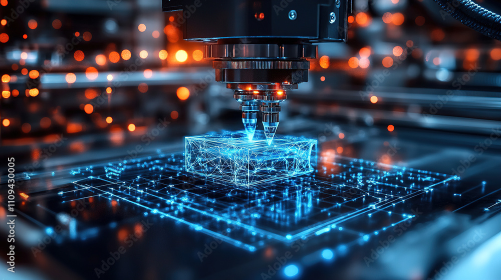 Advanced laser technology shaping a transparent block in a high-tech workshop during a modern manufacturing process. Generative AI Advanced laser technology shaping a transparent block in a high-tech workshop during a modern manufacturing process. Generative AI