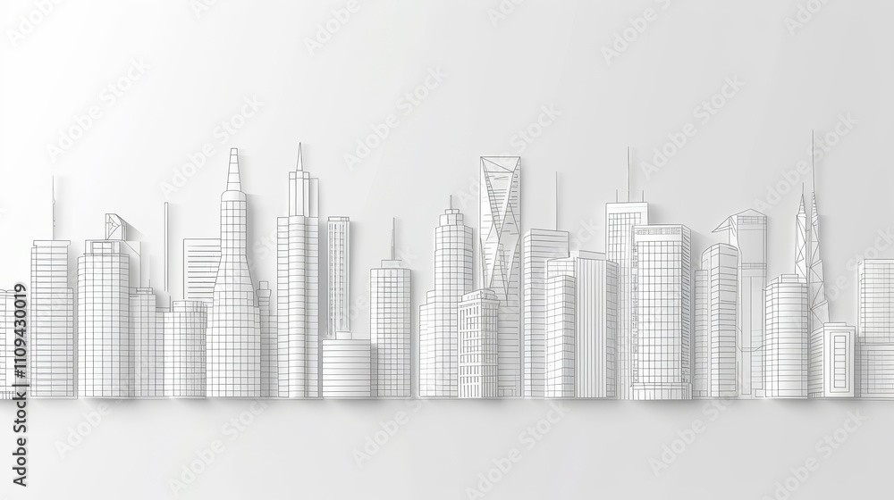 Fototapeta premium A clean and minimalistic wireframe illustration of a modern city skyline, showcasing various skyscrapers and architectural styles. AI generated.