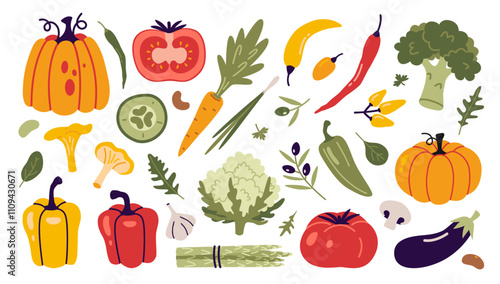 Vegetables set. Healthy eating, fresh food, Collection of farm products like pepper, broccoli, green, tomato and pumpkin. Trendy modern vector illustration isolated on white, hand drawn, flat design