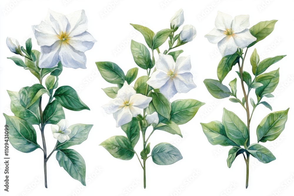 Three botanical illustrations of white flowers with green leaves. Three botanical illustrations of white flowers with green leaves.