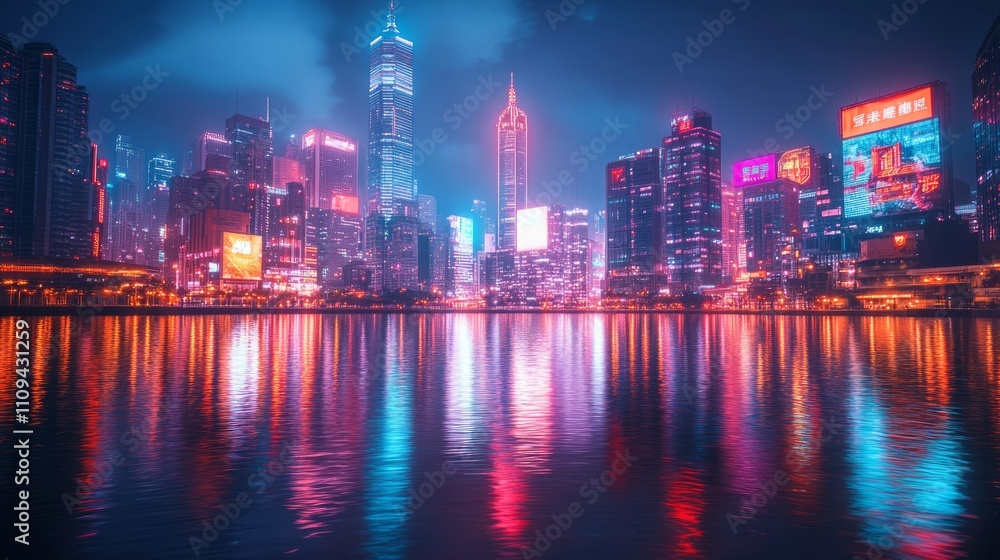 Fototapeta premium Vibrant city skyline at night, reflected in calm water.