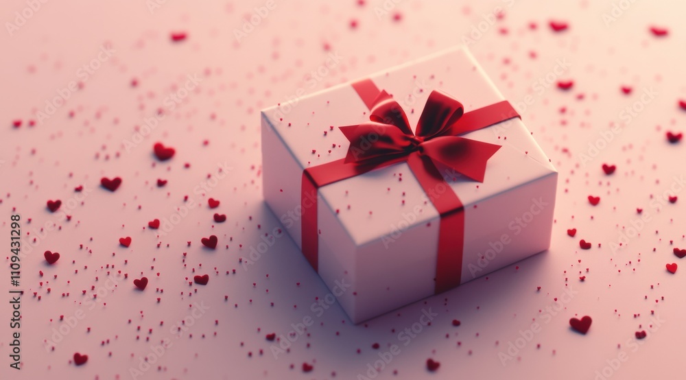 An elegant gift box with a red ribbon, surrounded by tiny hearts on a light pink background. Valentine's Day concept An elegant gift box with a red ribbon, surrounded by tiny hearts on a light pink background. Valentine's Day concept