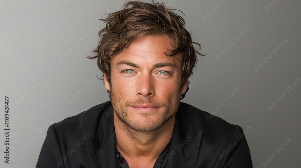 Stunning 30 year old male model in a sharp black suit exuding confidence and strength