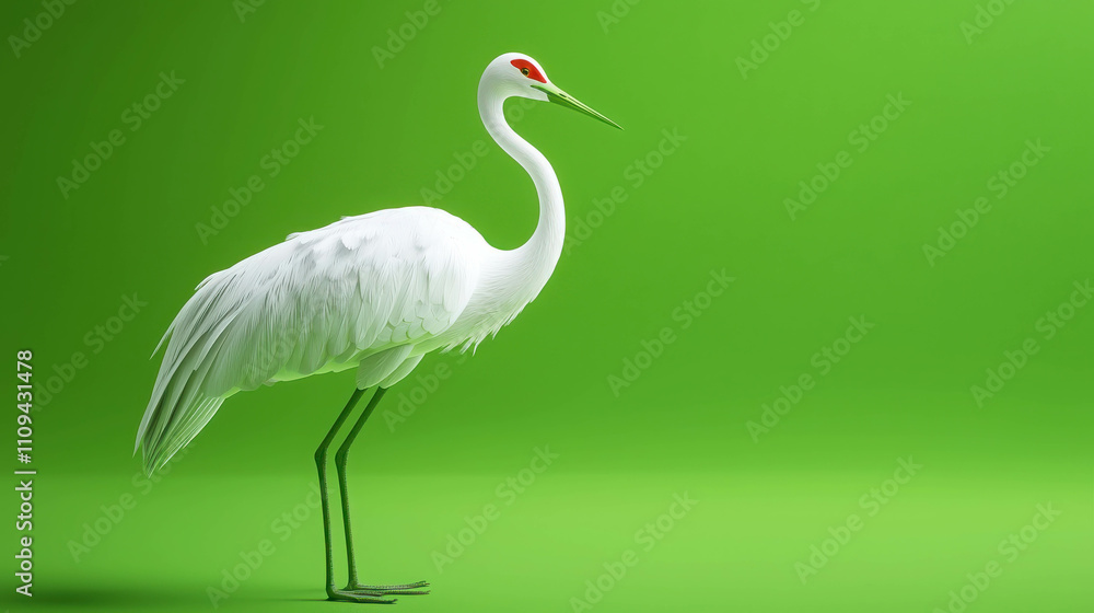 Fototapeta premium Elegant White Crane Standing Gracefully Against Vibrant Green Background