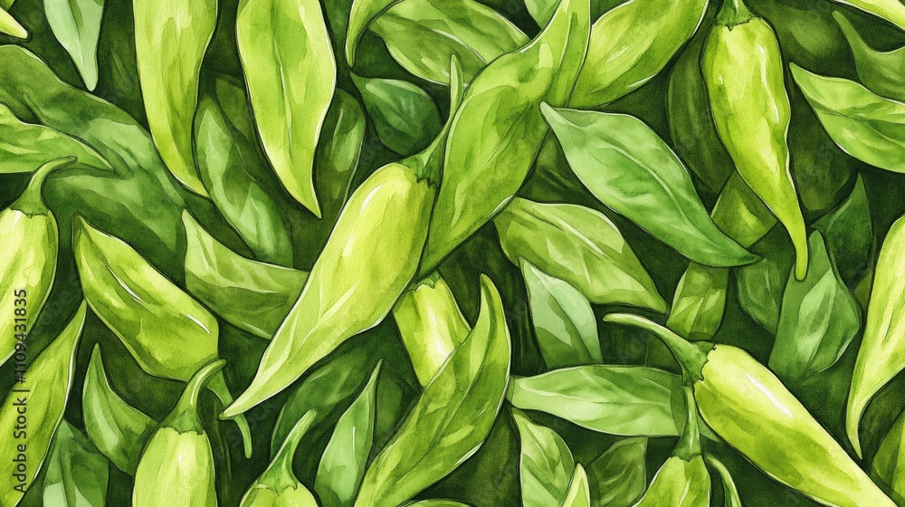 Obraz premium Seamless pattern of vibrant green chili hot peppers in watercolor perfect for culinary designs and food packaging