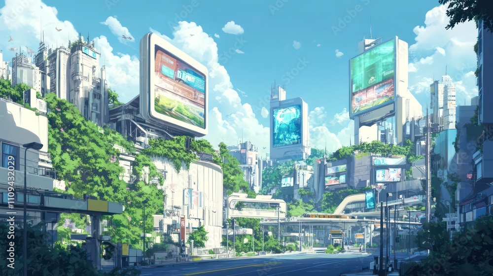 Obraz premium Futuristic city landscape with lush greenery integrated into architecture, showcasing advanced technology and urban design.