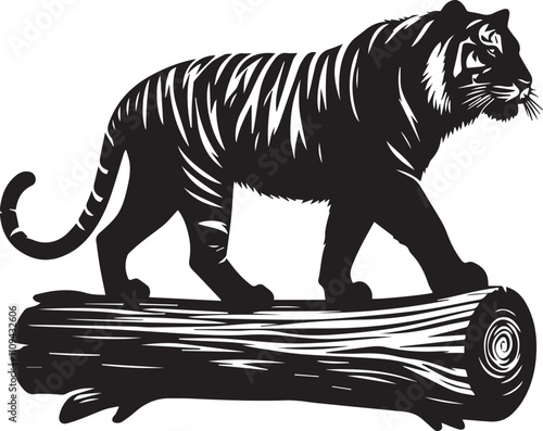 A tiger silhouette standing on a perished log vector