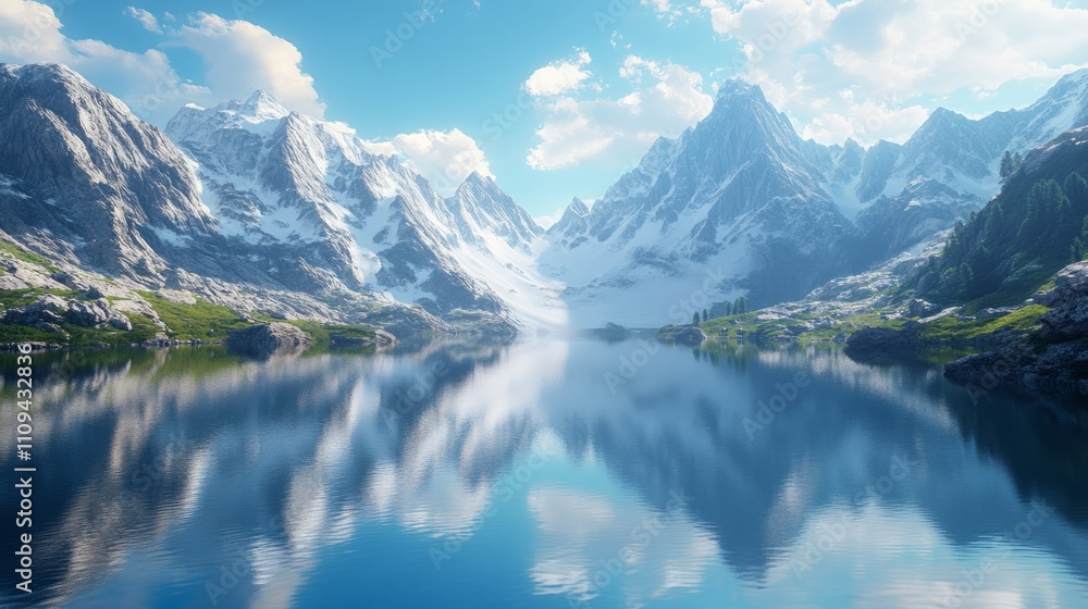 A peaceful mountain lake with crystal clear water, surrounded by towering snow-capped peaks A peaceful mountain lake with crystal clear water, surrounded by towering snow-capped peaks