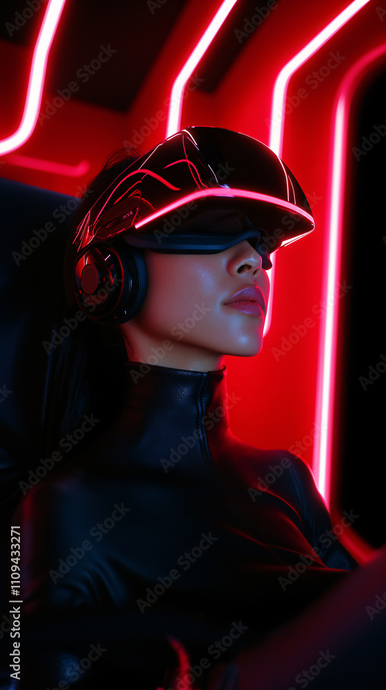 Young woman with glasses and headset, immersed in a futuristic digital virtual reality game. Young woman with glasses and headset, immersed in a futuristic digital virtual reality game.