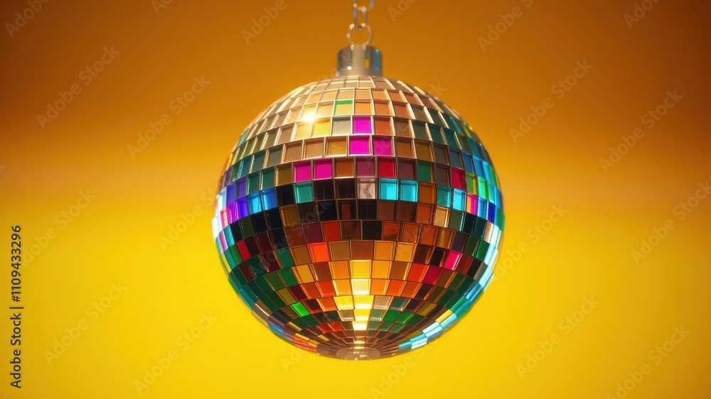 Obraz premium A disco ball hanging against a vibrant yellow background, its mirrored surface reflecting a kaleidoscope of colors.