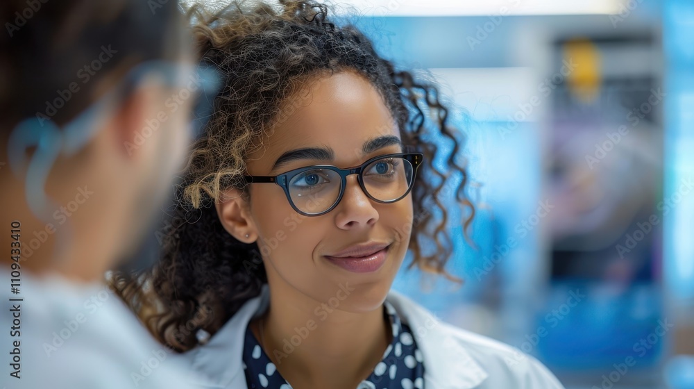 A professional woman with curly hair and glasses engages in conversation, wearing a lab coat, suggesting a scientific or medical setting. A professional woman with curly hair and glasses engages in conversation, wearing a lab coat, suggesting a scientific or medical setting.