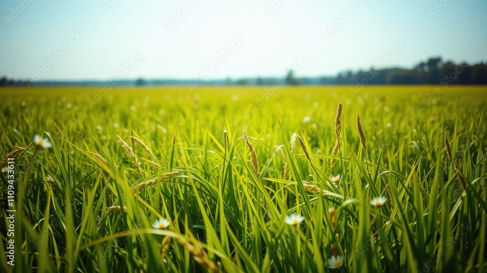 Obraz premium A Vibrant Meadow of Lush Green Grass and Delicate White Flowers Under a Sunny Sky