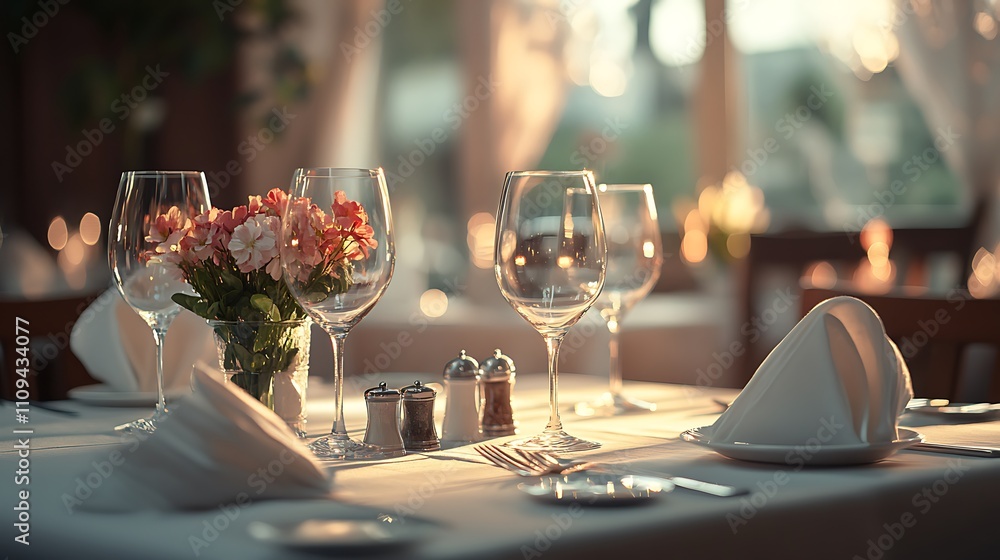 Fototapeta premium Elegant dining setup with glasses, flowers, and cutlery in a cozy restaurant ambiance.