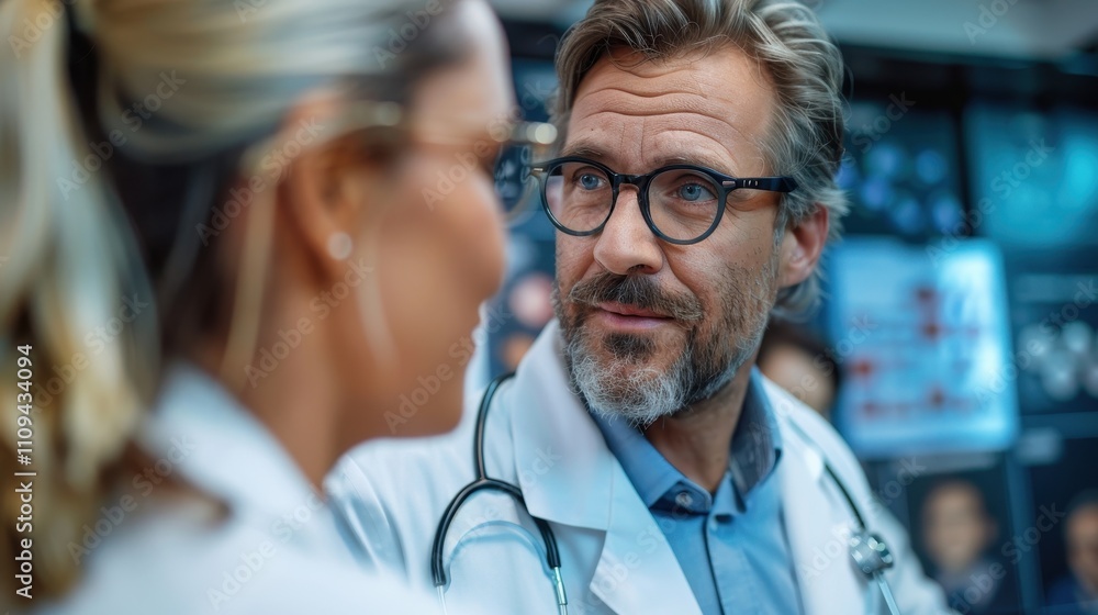 A healthcare professional converses with a colleague, showcasing teamwork and communication in a medical environment. A healthcare professional converses with a colleague, showcasing teamwork and communication in a medical environment.
