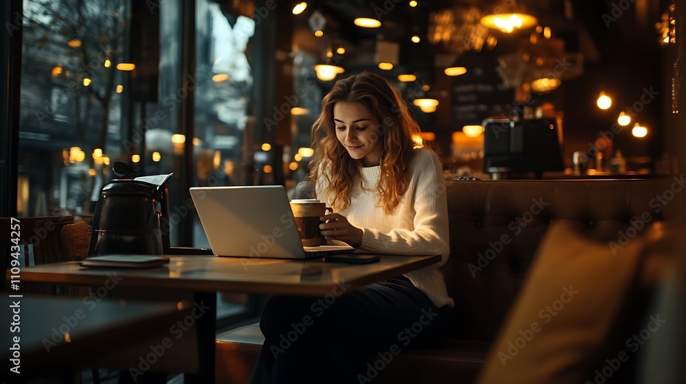 Fototapeta premium A woman enjoys coffee while working on her laptop in a cozy caf?.