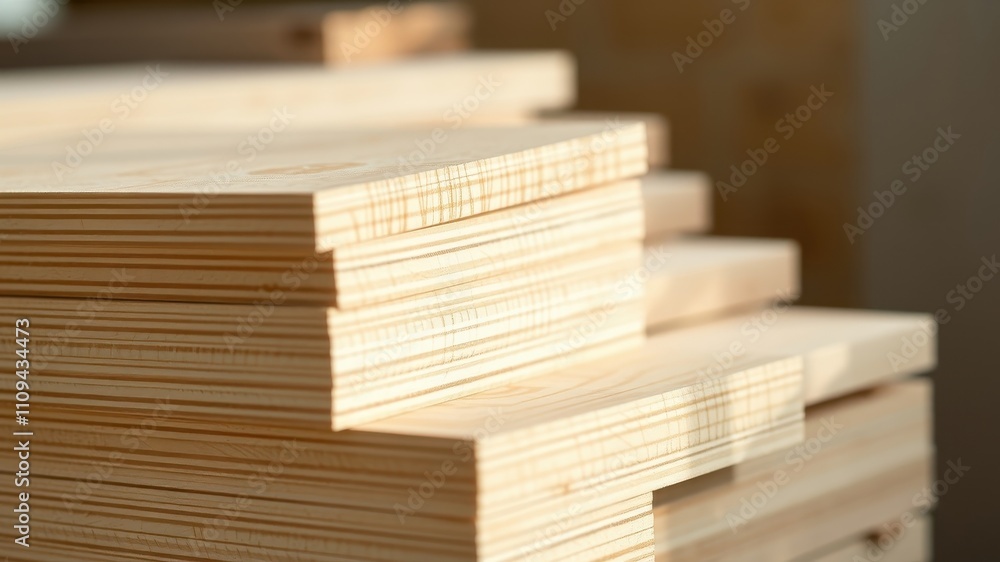 Fototapeta premium A close-up view of a stack of smooth, light-colored plywood boards, revealing the intricate layers of wood grain and the subtle warm glow of natural light.