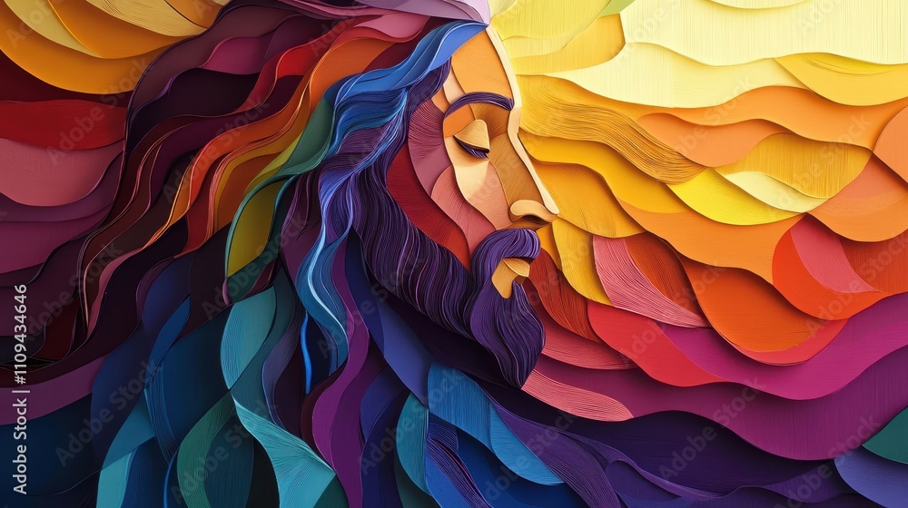 A stunning, colorful paper cut design of Jesus Christ, with layered paper in a range of bright colors, creating a modern, abstract interpretation of Christ's image. A stunning, colorful paper cut design of Jesus Christ, with layered paper in a range of bright colors, creating a modern, abstract interpretation of Christ's image.