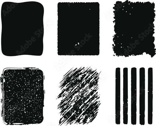 six black grunge rectangle box patch textures brush strokes different patterns style vector design