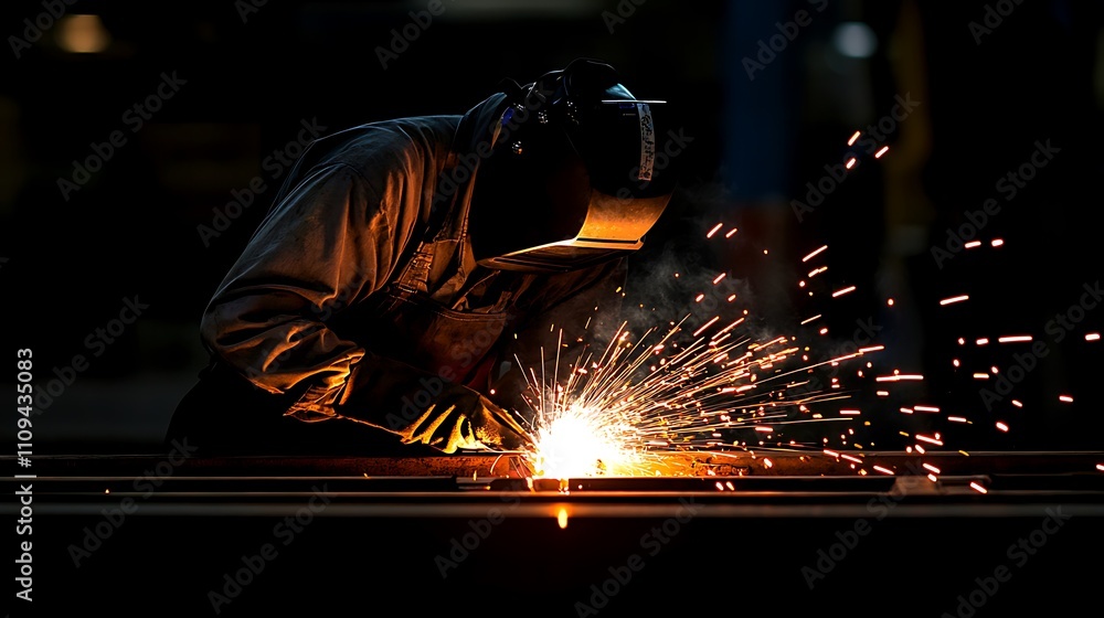 Welder at work, sparks flying, industrial setting. Welder at work, sparks flying, industrial setting.