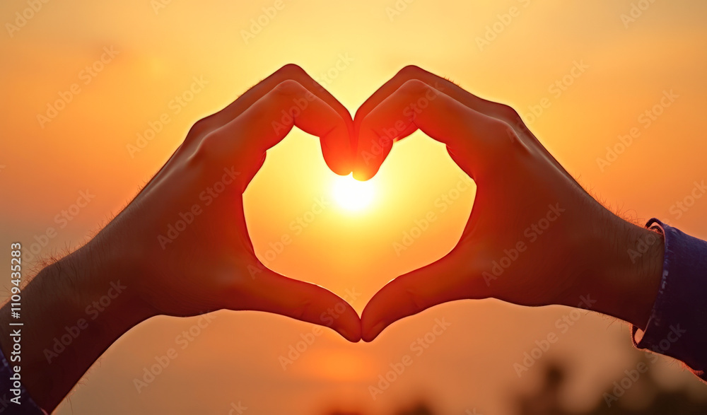 Fototapeta premium Two hands with fingers make the shape of a heart, at sunset, sunrise