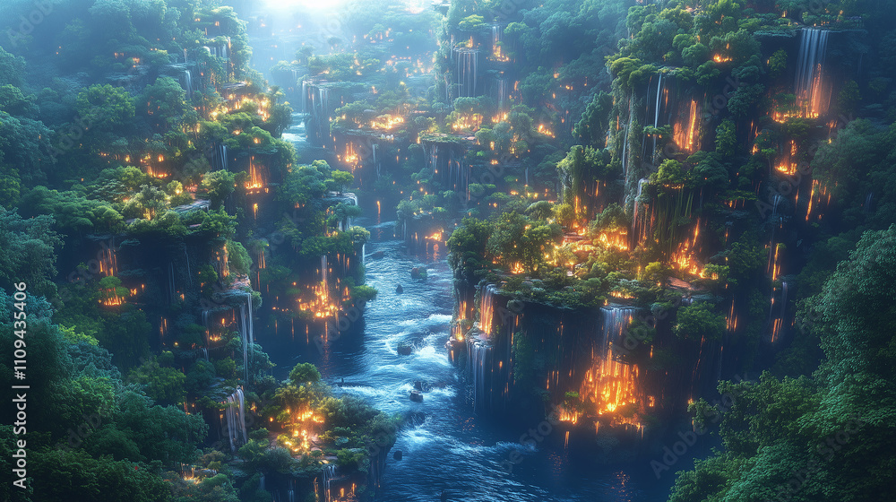 Obraz premium Whimsical floating islands illuminated by bioluminescent flora in a tranquil fantasy landscape