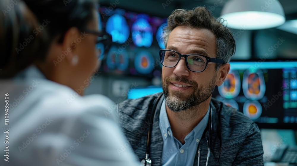 A healthcare professional engages in a discussion with a patient, surrounded by medical imaging displays in a modern clinical setting. A healthcare professional engages in a discussion with a patient, surrounded by medical imaging displays in a modern clinical setting.