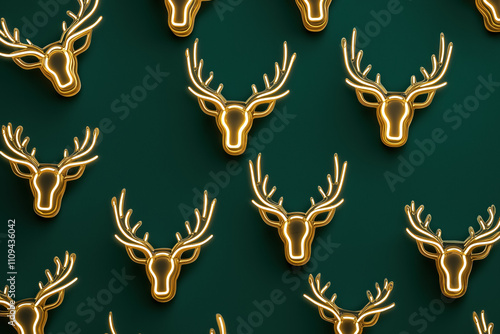 series of golden reindeer head shaped neon signs on a dark green background, perfect for stylish holiday themes