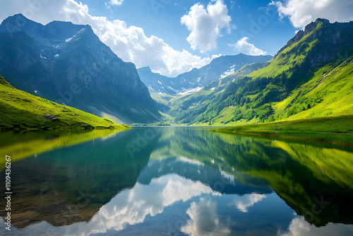 A breathtaking mountain landscape with a serene lake reflecting the peaks,