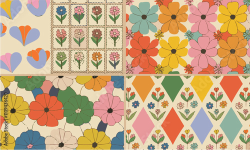 Set of seamless floral patterns playful Victor illustration, easily editable