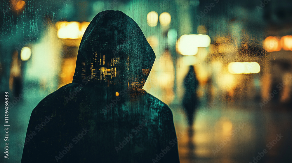 Hooded figure standing alone on a city street at night.