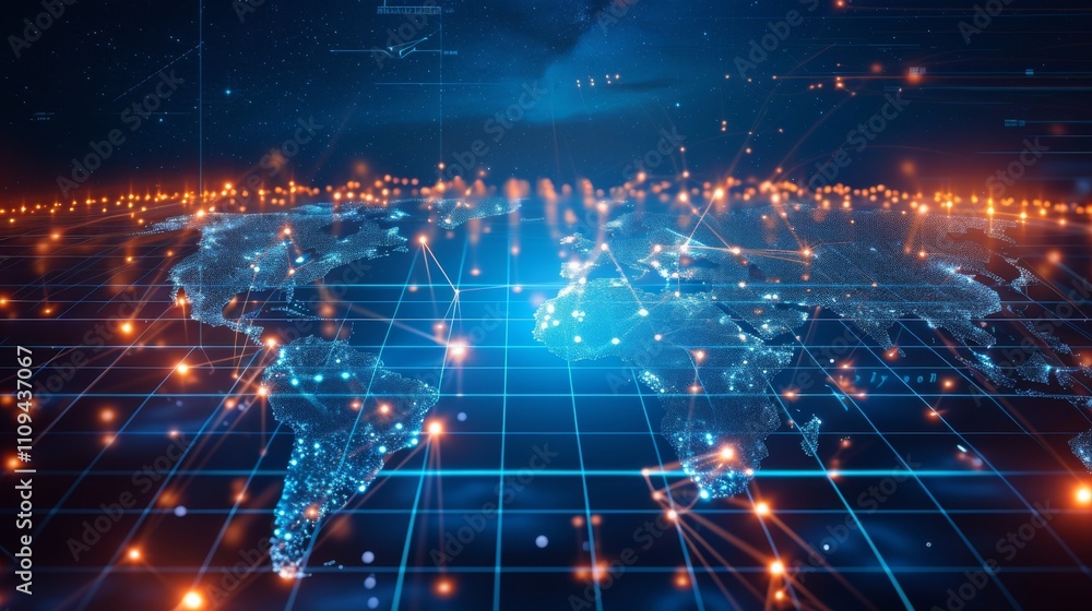 Fototapeta premium A futuristic digital map illustrating a glowing global network, with vibrant points of connection representing technology, data transfer, and global communication. AI generated.