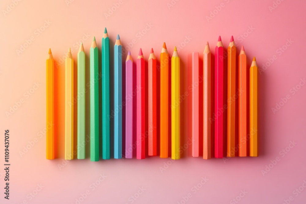 Colorful pencils arranged in a row on a pink background. Colorful pencils arranged in a row on a pink background.
