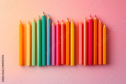  Colorful pencils arranged in a row on a pink background.