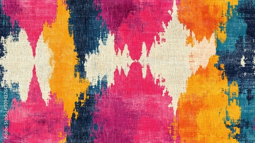 Seamless ikat geometric pattern with textured backdrop in vibrant summer colors ideal for bohemian decor and seasonal celebrations