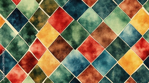 Colorful watercolor geometric pattern featuring red green blue and brown tones perfect for fabric design and home decor