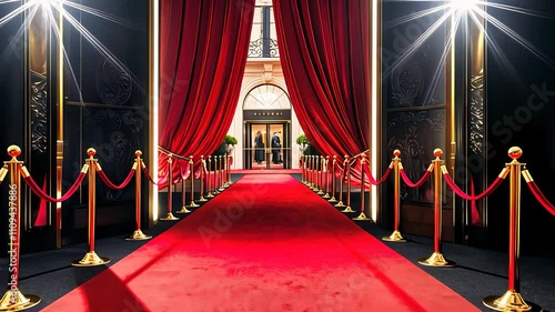 Luxurious Red Carpet Entrance with Golden Stanchions and Dramatic Lighting

 photo