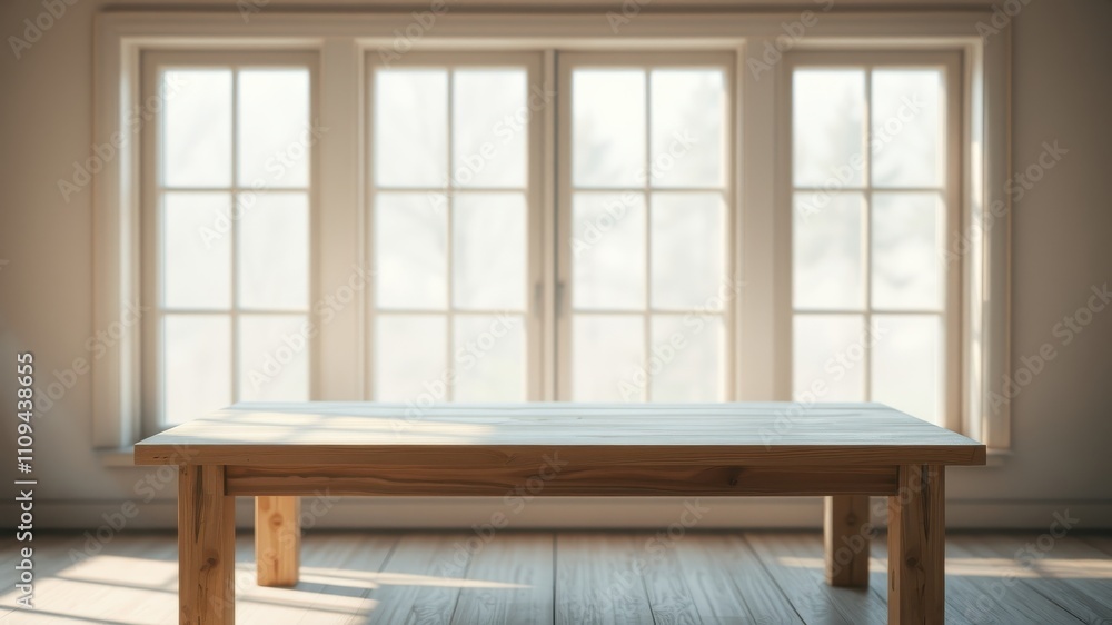 Fototapeta premium A wooden table with a simple design sits in front of a large window with a view of a natural scene, letting in natural light