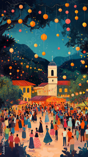 Vibrant festival atmosphere with dancing crowds and colorful decorations in a charming village at dusk