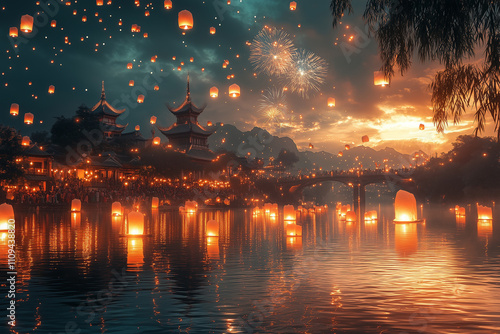 Vibrant festival of lights illuminating the evening sky over a serene river photo